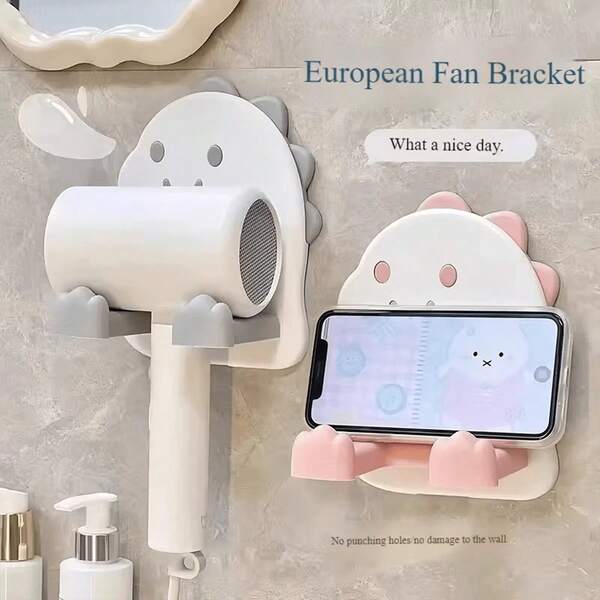 1pc Wall-Mounted Hair Dryer Holder With Phone Holder And Suction Cup Installation - No Drilling Required, Adhesive Bathroom Organizer, Creative Cartoon Dinosaur Hair Dryer Wall Mount, Bathroom Hair Dryer Storage Holder With Heart-Shaped Hollow Pattern, Space-Saving Toilet Storage Rack For Hair Dryers And Phones