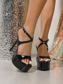 Sandalias de tacón alto de mujer de unicolor con hebilla y cruce de PU para fiesta y verano, tacones súper altos