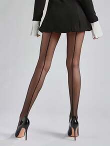 1 Pair Women's Ultra-Thin Black Jacquard Pantyhose With Backseam Detail - High Waist, Elastic Tights For A Fashionable Professional Look - Black - View 6