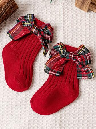 1双女婴红色圣诞袜儿童纯色羊毛格子蝴蝶结袜腿套女童幼儿柔软袜子适合0-3岁
