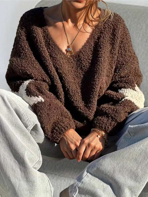 Elegant Ribbed Knit Cardigan Sweaters Star Jacquard V Neck Drop Shoulder Long Sleeve Tops For Women Teddy Loose Warm Daily Casual Fashion Comfortable Fall/Winter Clothes Christmas Thanksgiving Outfit