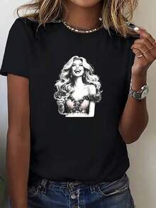 Camiseta Retro Y2K para Mujeres y Unisex - Manga Corta, Suave y Transpirable, Cuello Redondo con Diseño de Dama con Pistola y Champán para Despedidas de Soltera, Prom, Navidad, Halloween - Conjunto Casual y Festivo para Todas las Estaciones (A Juego) - Negro - Ver 2