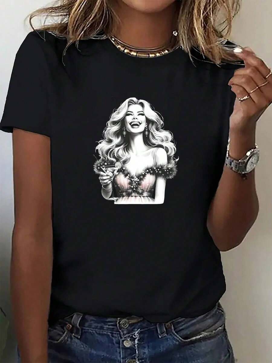 Camiseta Retro Y2K para Mujeres y Unisex - Manga Corta, Suave y Transpirable, Cuello Redondo con Diseño de Dama con Pistola y Champán para Despedidas de Soltera, Prom, Navidad, Halloween - Conjunto Casual y Festivo para Todas las Estaciones (A Juego)