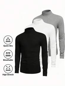 3pcs Men's Solid Color Casual Turtleneck Long Sleeve T-Shirt - Multicolor - View 6