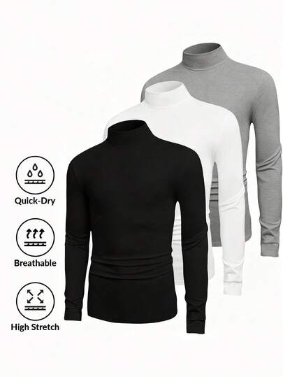 3件装男士纯色休闲高领长袖T恤