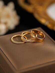 3pcs/Set Cubic Zirconia Gold Color Ring Set, Women's Party & Daily Jewelry Combo, Suitable For Holiday Gifts - Gold - View 2
