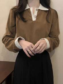 Casual Commuter Color Block Long Sleeve Shirt, Autumn - Khaki - View 2