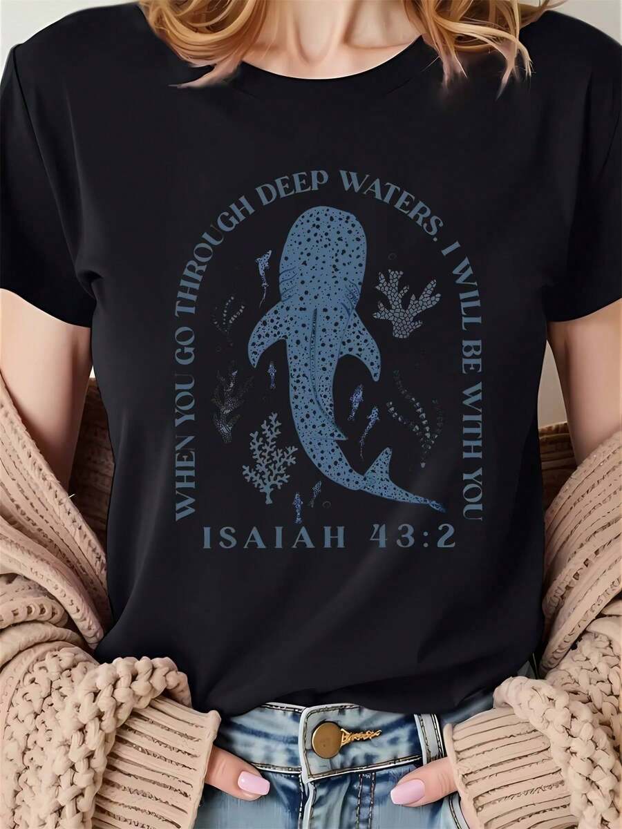Camiseta gráfica de ballena rosa para mujer - Citación inspiradora de Isaías 43:2, cuello redondo casual y deportivo, manga corta, ropa cómoda para todas las estaciones, tiburón.