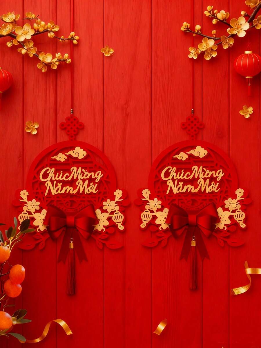 2/1 món đồ trang trí năm mới bằng nỉ cổ điển, đồ trang trí cửa may mắn Trung Quốc với tua đỏ, không cần điện, trang trí nhà cửa ngày lễ, trang trí năm mới 2026 - Nhiều màu - Xem 1