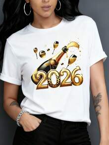 2026 Hello Women Tee Ladies 2026 Happy New Year Letter Pattern Printed T-Shirt Women's New Year Celebration Clothing Goodbye 2025, Hello 2026 Design T-Shirt Women's Loose Casual Round Neck Short Sleeve T-Shirt - White And Navy Off-The-Shoulder Cropped Top - Đỏ - Xem 8