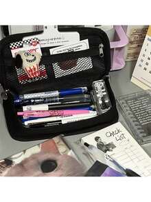 Large Capacity Pencil: Checkerboard Grid Design, Canvas Multi-Functional Pencil Bag - Black and White Plaid - View 5