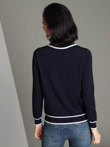 Plus Size Women Elegant Sweater, Fashionable Collar And Long Sleeves, Ribbed Knit Design With Contrasting Trim, High Stretch Fabric, Comfortable And Fitted, Perfect Regular Length - Royal Blue - View 5