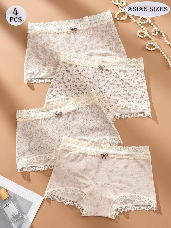 4pcs Women's Cotton Hipster Panties With Floral Patterns, Mid-Waist Style, Cute Bows, Sexy Lace Edging, Japanese Sweet Style, Comfortable And Simple For Daily Wear, Versatile Basic Triangle Panties For Young Fresh Lingerie.