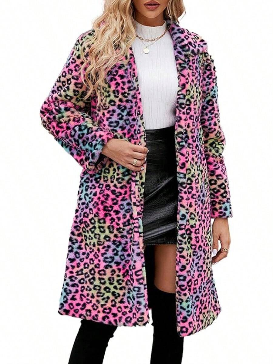Popular Autumn/Winter Fashionable Warm Coats Sexyshine Women's Leopard Print Faux Fur Long Coat Winter Fall Lapel Collar Fuzzy Furry Trench Coat Open Front Jackets