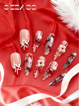 Original Design, Handmade, 10 Pieces Of Press On Nails Stiletto, Pure Handmade Sparkle, Red Press On Nail Set. Christmas Style, Ballet Style White Lace Ribbon Pattern,Acrylic Press On Nails Bow And Pearl Accessories. Perfect For Women And Girls To Reuse, Comes With Jelly Glue And Nail File. Transform Your Look With Artistic Nails. Great For Small Makeup Travel Bags. Add A Touch Of Sweetness And Romance To Your Almond Nails.