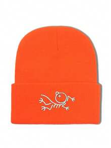 1pc Cartoon Bird Embroidered Streetwear Retro School Style Knit Beanie Hat, Warm Winter Headwear For Men