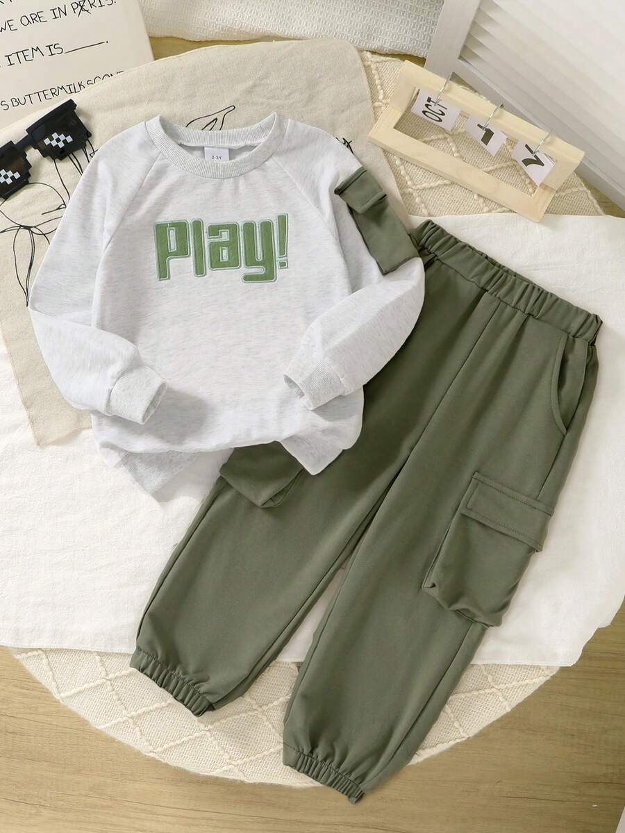 2pcs/Set Casual Cute Boys Outfit, Letter Embroidered Detail Pocket Round Neck Long Sleeve Sweatshirt And Solid Color Cargo Pants, Soft & Comfortable Kids Clothing Suitable For Daily, Vacation, Party, Outdoor - Multicolor - View 1