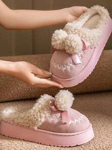 Trending Cross-Border Thick Sole Fluffy Slippers For Women, Wear-Resistant Warm Slippers With Cute Bow & Pom Pom For Home Use In Winter
