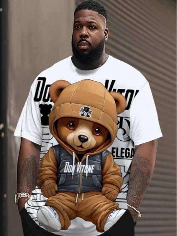 T-shirt graphique à manches courtes décontracté pour hommes, grande taille, avec motif 3D d'ourson de dessin animé