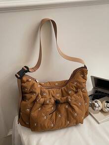 Bolso de hombro acolchado, bolso de hombro casual y versátil de moda coreana para mujeres, ligero y plegable con cierre de cremallera y correa ajustable, adecuado para uso diario, estudiantes de escuela/universidad, con lazo simple y lindo, plisado, con múltiples bolsillos, bolsillo delantero con cordón - Multicolor - Ver 13
