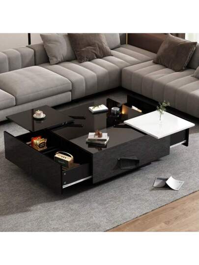 Moderne Square High Gloss Zwart Sofa 75*75*33.5 Cm Slatted Base, Small Sliding Tabletop In Contrasting White, Max. Load Capacity 30 Kg