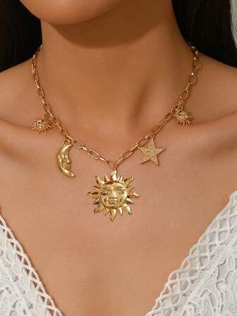 1pc European & Middle Eastern Fashion Necklace With Pendant Charms: Star, Moon, Rhinestone, Rose, Daisy, Paved Devil's Eye, Sun, Moon, Tassel, Star, Choker, Suitable For Parties, Weddings, Holidays. This Multi-Pendant Necklace Can Showcase A Woman's Unique Style And Charm, Making It Perfect For Special Occasions And Also As A Holiday Gift.