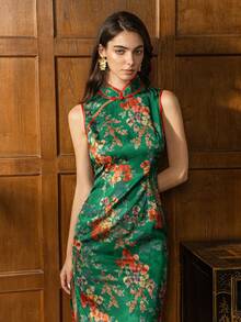 Elegant Women's New Chinese Style Cheongsam With Small Stand-Up Collar, Sleeveless Design, And Flattering Slit - Perfect For Formal Occasions Including Weddings, Gala Dinners, Corporate Events, High-End Parties, And Important CeremoniesSuitable For New Year And Valentine's Day Party Outfits - Dark Green - View 5