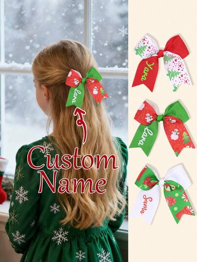 1pc Custom Name Christmas Hair Bow For Girls Snowman Holly Printed Customized Bow Alligator Clip Adorable Christmas Hair Clips Cute Sweet Custom Text Barrettes Cartoon Personalized Hairpins Kids Hair Accessory