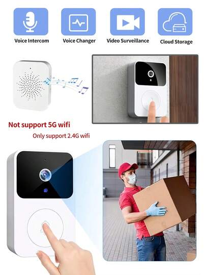 Sonnette vidéo WiFi Caméra sans fil HD Alarme IR Maison Intelligente Sonnette de porte avec interphone bidirectionnel, vision nocturne HD, contrôle à distance via application, installation auto-adhésive, interphone WiFi pour la maison