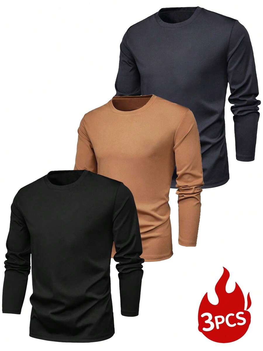 3 piezas Camisetas de manga larga de cuello redondo de unicolor para hombre, capas base versátiles para uso diario en primavera/otoño - Multicolor - Ver 1