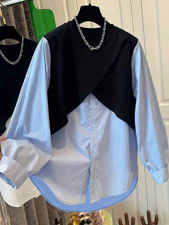 Blusa casual y elegante de mujer de cuello redondo, manga larga, holgada y de dos colores, de tela tejida sólida, con botones delanteros, para uso casual de oficina y diario, para primavera/verano