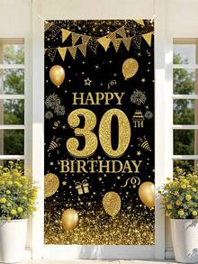 1pc Happy 18/30/40/50/60th Birthday Door Banner - Black & Golden Bright Rhinestone Style Birthday Door Hanging Flag Porch Sign Door Cover Curtain, Happy Birthday Party Supplies Party Background Wall Decoration Supplies, Home Decor - Multicolor - View 6