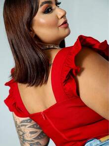 Women's Summer Plus Size Cropped Blouse With Ruffled Sleeves, Button Detail, Back Zipper, Curve Look, Sizes 44 To 54 - Red - View 4