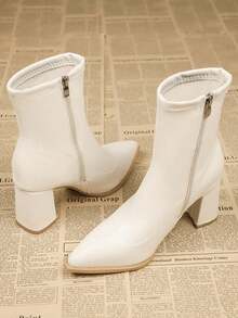 女士时尚优雅尖头粗跟踝靴，百搭侧拉链高跟细靴，适合街头、商务、派对、婚礼、夜总会，女士白色中筒靴 - 米色 - 查看 4