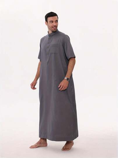AL HARAMAIN AL HARAMAIN 2025 Qatar Thobe Latest Hot-Selling High-End Men's Arabic Robe - Soft Non-Pilling Fabric, Fashionable Short Sleeve Mandarin Collar Four-Button Design, Prayer Robe, Men's Elegant Arabic Robe - Soft Long Sleeve Prayer Robe, Machine Washable, Suitable For All Seasons And Religious Occasions | Round Neck Design | Smooth Texture | Men's Formal Wear Men's Traditional Arabic Robe, Qatar Style Design
