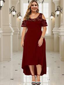 Plus Size Long Dresses For Women With Lace Off Shoulder Elegant Fashion Dress With Asymmetric Hem Design For Evening Party - 酒紅色 - 查看 3