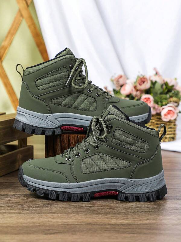 Botas de caminhada verde-militar estilosas e versáteis para outono e inverno, perfeitas para festas, presentes de Natal, acampamentos e trilhas. Esses tênis femininos possuem cadarço, cano médio e suporte para o tornozelo, além de serem duráveis, resistentes ao desgaste, impermeáveis e confortáveis.