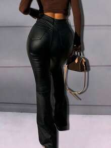娇小女款PU皮革喇叭裤，中等弹力拉链修身长裤 - 黑色 - 查看 9