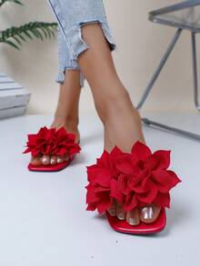 Breezelady Women's Cute Floral - Decorated Slide Sandals, Open Toe, Flat Heel, Bohemian - Sweet Style, Red, Fabric Material, Summer Daily & Party Shoes - 紅色 - 查看 9