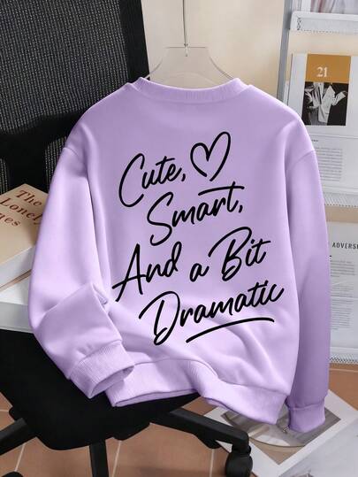 Tween Girl Long Sleeved Round Neck Sweatshirt With "Cute Smart And A Bit Dramatic" Print Pattern, Providing A Comfortable, Fashionable, And Casual New Autumn/Winter Season
