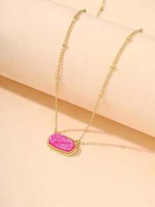 [Lowest Price In 30 Days]1pc Oval Design Pendant Necklace, Copper, Fashionable Everyday Wear Women - Bột vàng - Xem 3