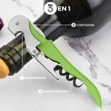 Novotend - Sacacorchos 3 en 1, Destapador de Vino 3 en 1, Destapador de Cerveza, Saca Corcho y Cortador, Sacacorchos para Vinos de Acero Inoxidable, Regalo para Hombre. (Amarillo) - Verde - Ver 2