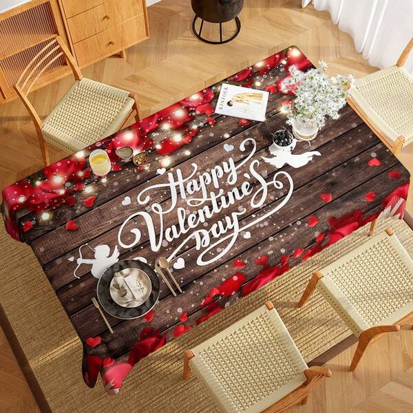 1 pièce Nappe avec imprimé rose en forme de cœur en bois marron - Décoration de table thème Saint-Valentin pour les fiançailles, l'anniversaire de mariage et les fêtes de couple, nappe de table romantique
