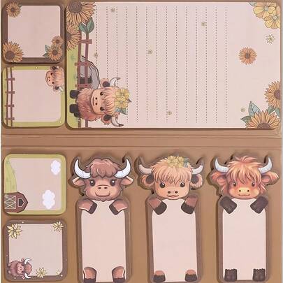 1/2 Pack Highland Cow Sticky Notes, 336 Sheets 8 Designs Self-Adhesive Animal Memo Pads, Multipurpose Cartoon Stickers Notepad, Birthday Gift, School/Office/Party Supplies