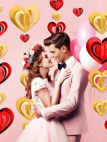 16pcs 3D Heart-Shaped Tag Spiral Hanging Scene Layout - Romantic Red & Gold Love Paper Hanging Pendants Decoration For Valentine's Day Proposal And Wedding Background Decor - Multicolor - View 2