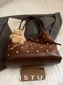 1pc Polka Dot Faux Suede Tote Bag, Fashion Women's Handbag, Casual Shoulder Bag For Commuting, Dating, Daily Use, With Pendant