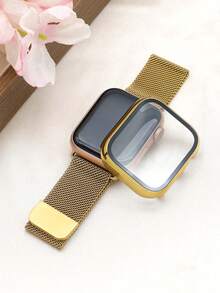 2-In-1 Band And Case, Gold Color, Compatible With Apple Watch. Soft And Breathable Adjustable Stainless Steel Band Paired With A Magnetic Band, And A Shockproof And Scratch-Resistant Hard PC Hollow Case. Compatible With Apple Watch Series Ultra/11/10/9/8/7/6/5/4/SE, Sizes 40/41/42/44/45/46/49mm. Comfortable To Wear With Excellent Feel. Suitable For Both Men And Women. - Gold - View 3