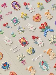 1 miếng dán móng tay 3D hình thỏ vườn hoa, hình thỏ dễ thương, hoa nhiều màu sắc, nơ, hoa tulip nở rộ, hình dán móng tay 5D lãng mạn, trang trí móng tay DIY mộng mơ dành cho nữ, phụ kiện làm móng mùa xuân, miếng dán móng tay - Nhiều màu - Xem 6