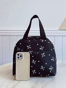 便携式保温午餐包 加厚可爱午餐水果袋 学生粉色不对称蝴蝶结爱心印花午餐包