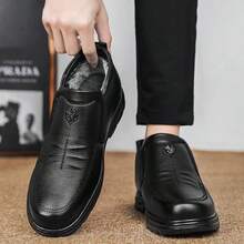 Black Leather High-Top Slip-On Warm Business Leather Shoes, Plush Thick Sole Wear-Resistant Anti-Slip Autumn/Winter Commuting Snow Boots, Thermal Lined Windproof Waterproof Easy-Clean Casual Men Boots